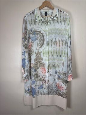 Chico's Black Label Shirt Dress XL Floral Ikat Career Office Coastal Boho Sheer